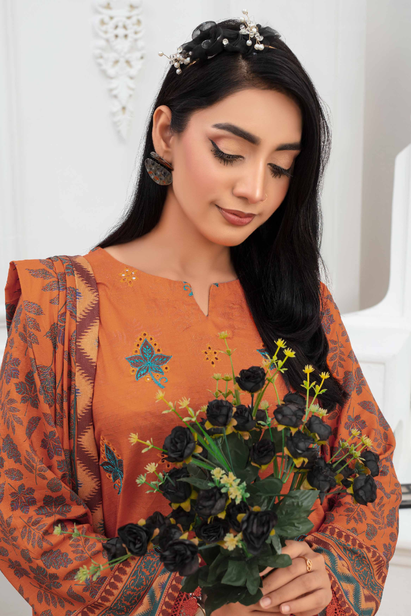 Emerald Bloom | 3PC Digital Print Embroidered Linen Suit
