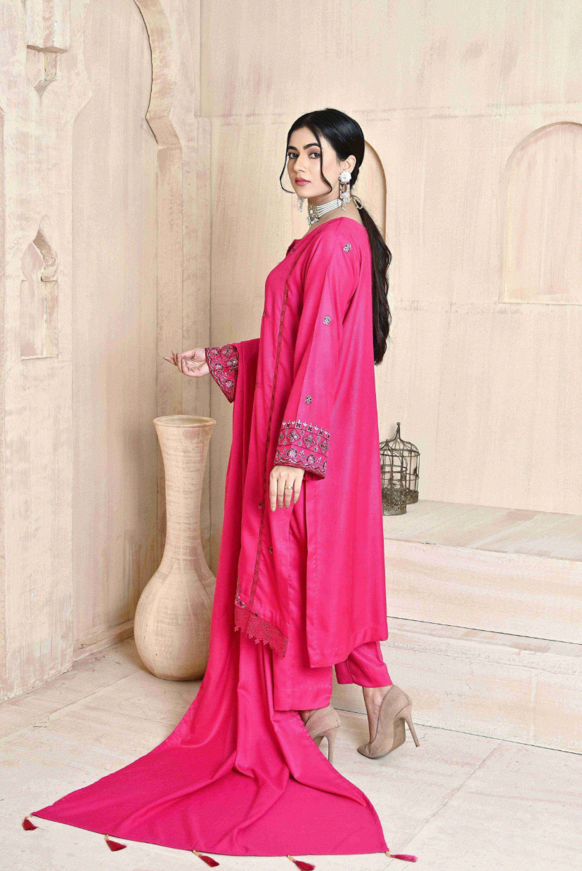 Deep Fuchsia 3-Piece Embroidered Dhanak Suit