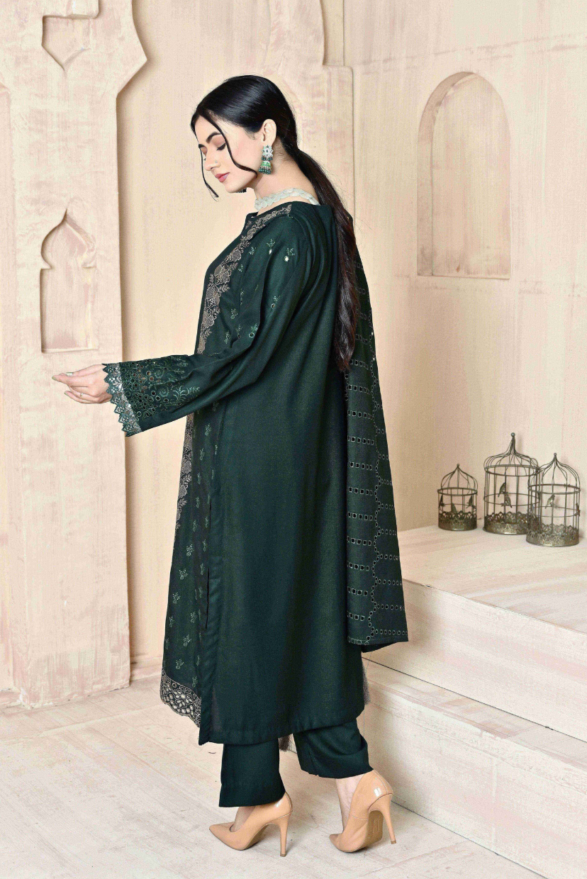 Deep Green 3-Piece Embroidered Dhanak Suit
