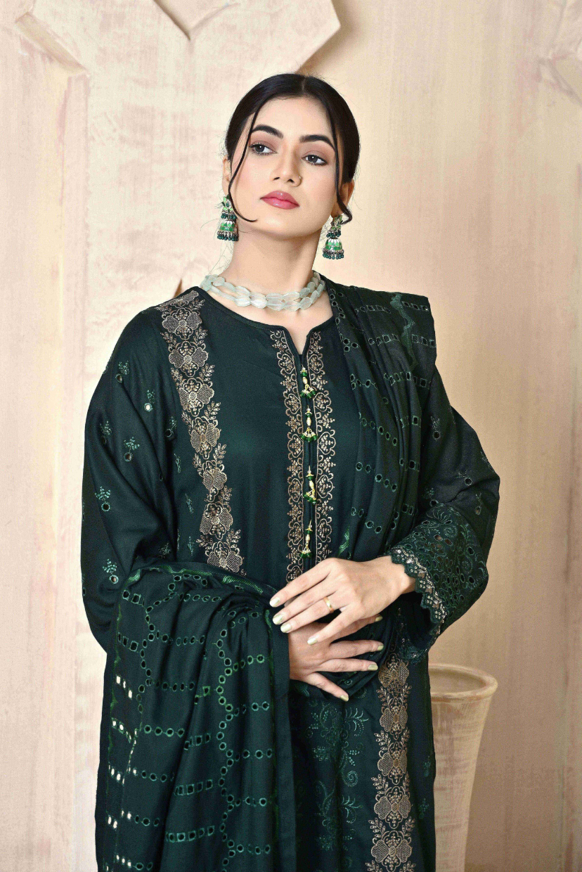 Deep Green 3-Piece Embroidered Dhanak Suit