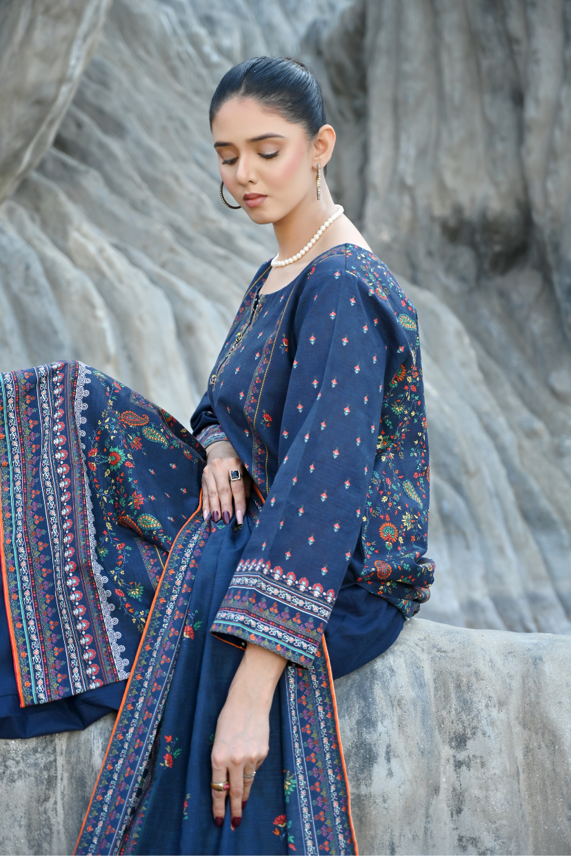 Royal Blue 3- Piece Printed Khaddar Suit