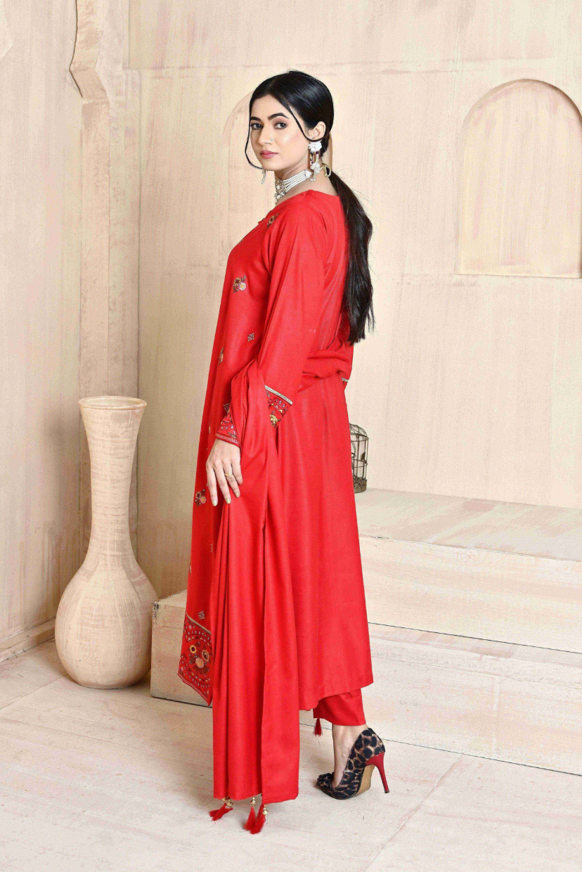 Classic Red 3-Piece Embroidered Dhanak Suit