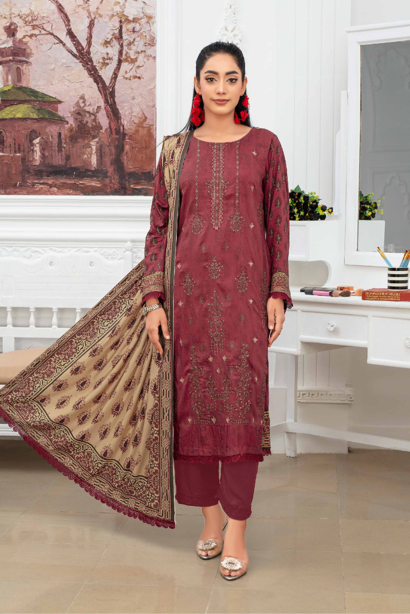 3PC Digital Print Embroidered Linen Suit