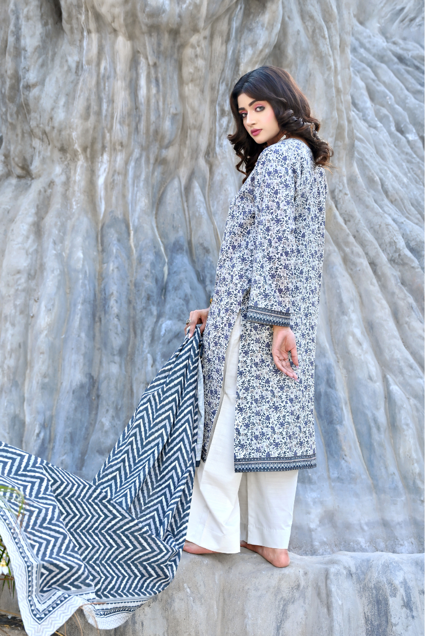 White Base Blue Floral 3- Piece Printed Khaddar Suit