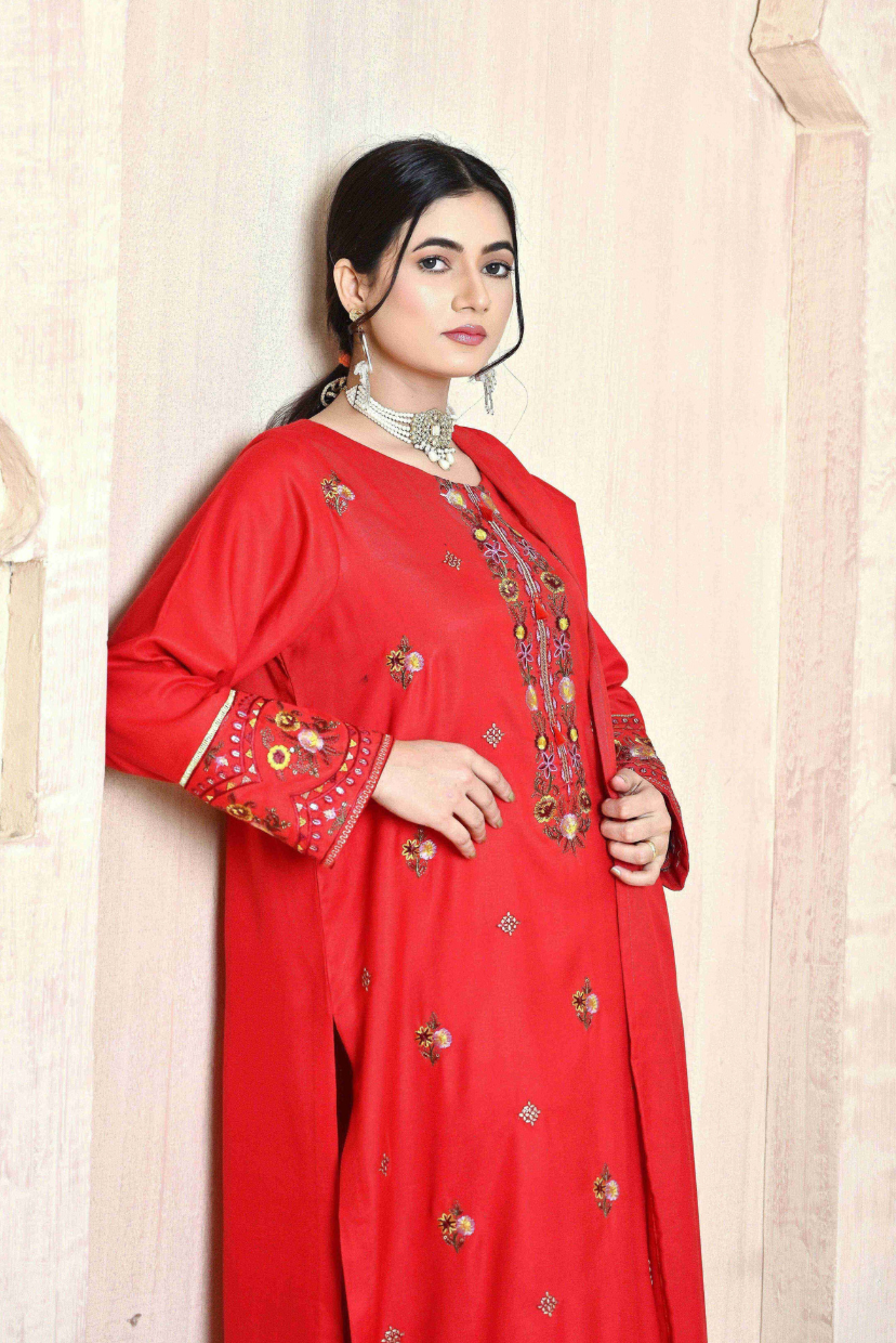 Classic Red 3-Piece Embroidered Dhanak Suit
