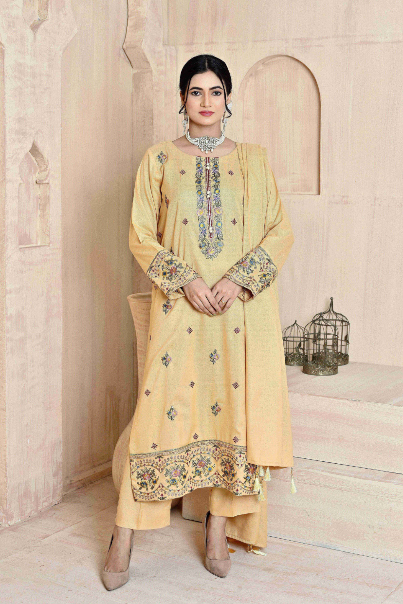 Pale Yellow 3-Piece Embroidered Dhanak Suit