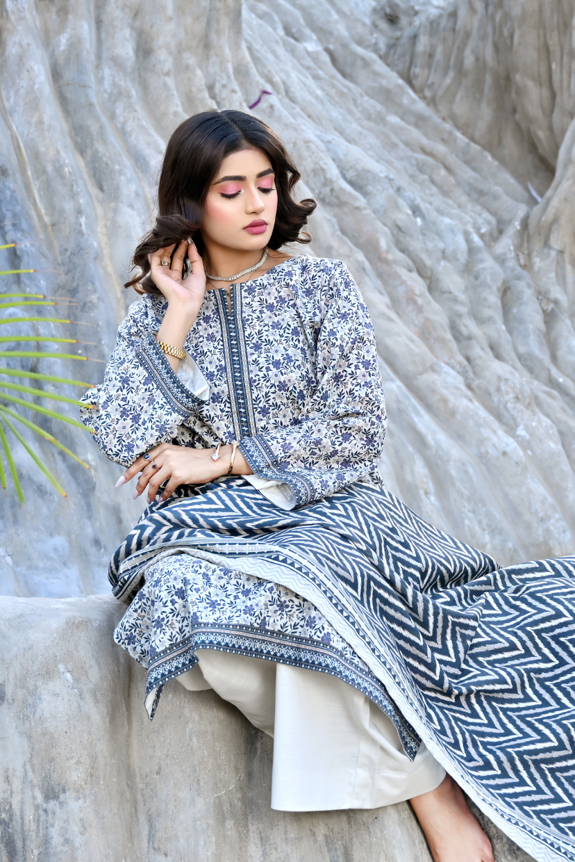 White Base Blue Floral 3- Piece Printed Khaddar Suit