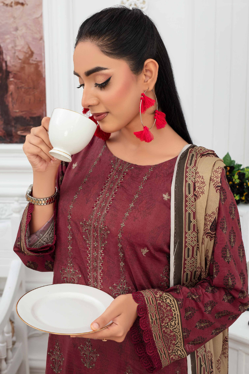 3PC Digital Print Embroidered Linen Suit