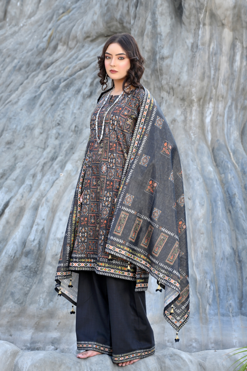 Tribal Black 3-Piece Masoori Khaddar Suit
