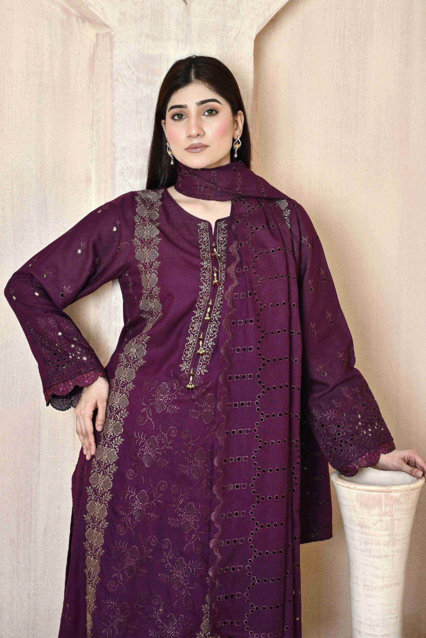 Deep Purple 3-Piece Embroidered Dhanak Suit