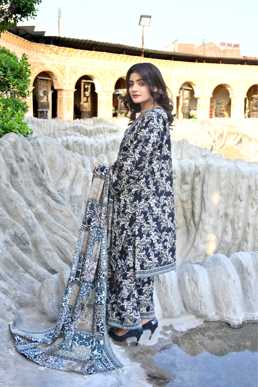 Midnight Floral 3- Piece Printed Khaddar Suit