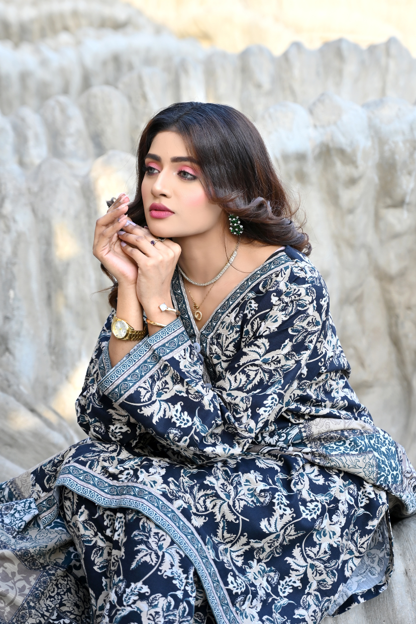 Midnight Floral 3- Piece Printed Khaddar Suit