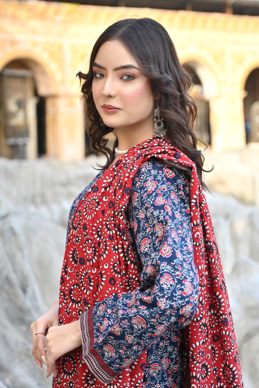 Indigo Bloom 3- Piece Printed Khaddar Suit