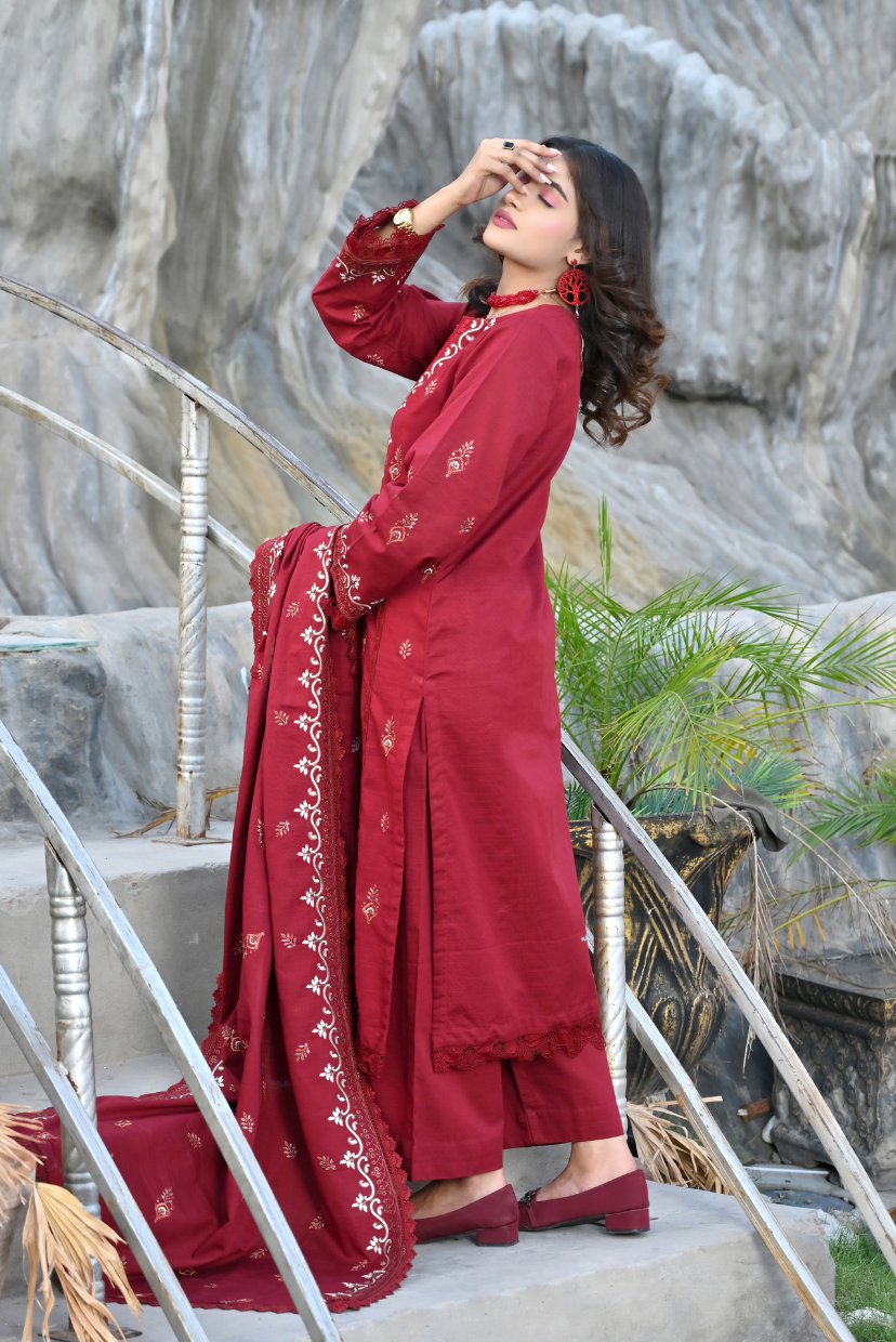 Wine Red 3-Piece Embroidered Khaddar Suit