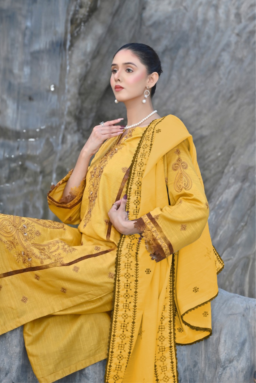 Golden Marigold 3-Piece Embroidered Khaddar Suit