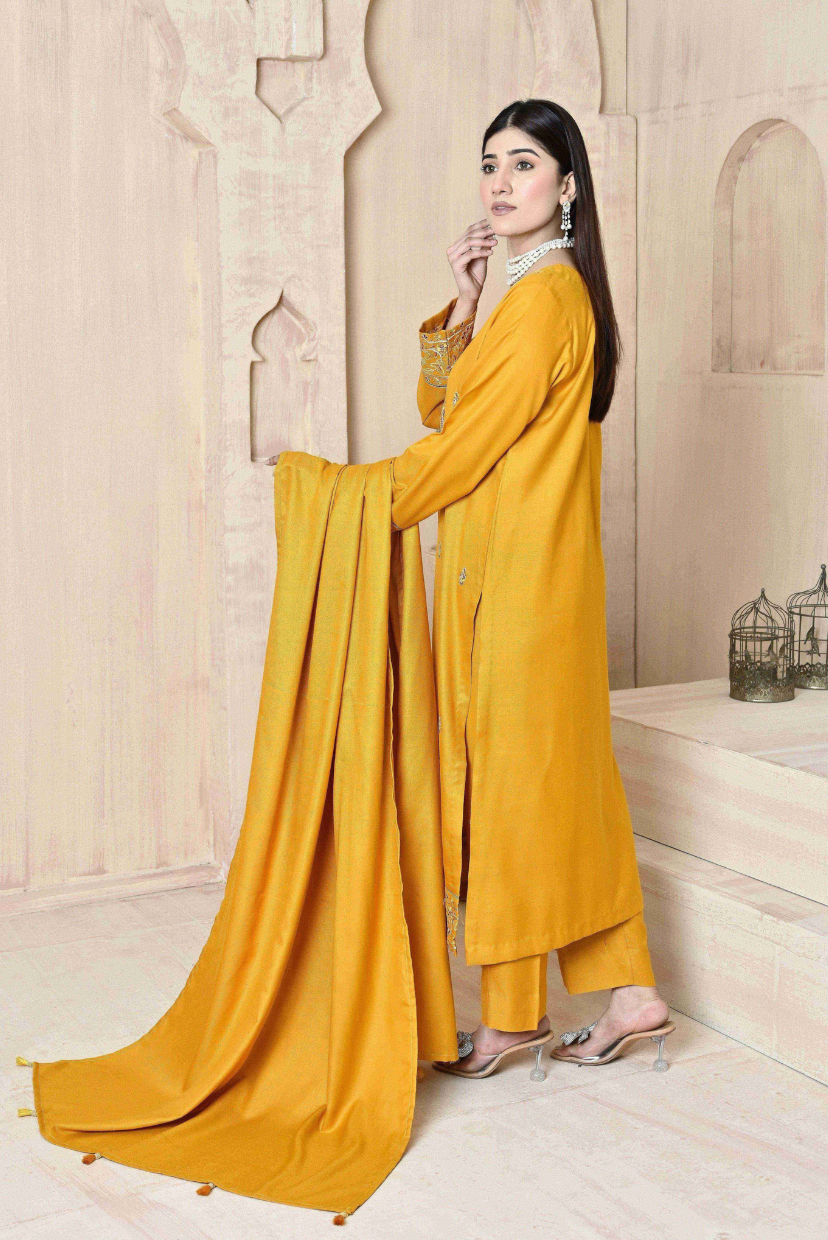 Marigold 3-Piece Embroidered Dhanak Suit