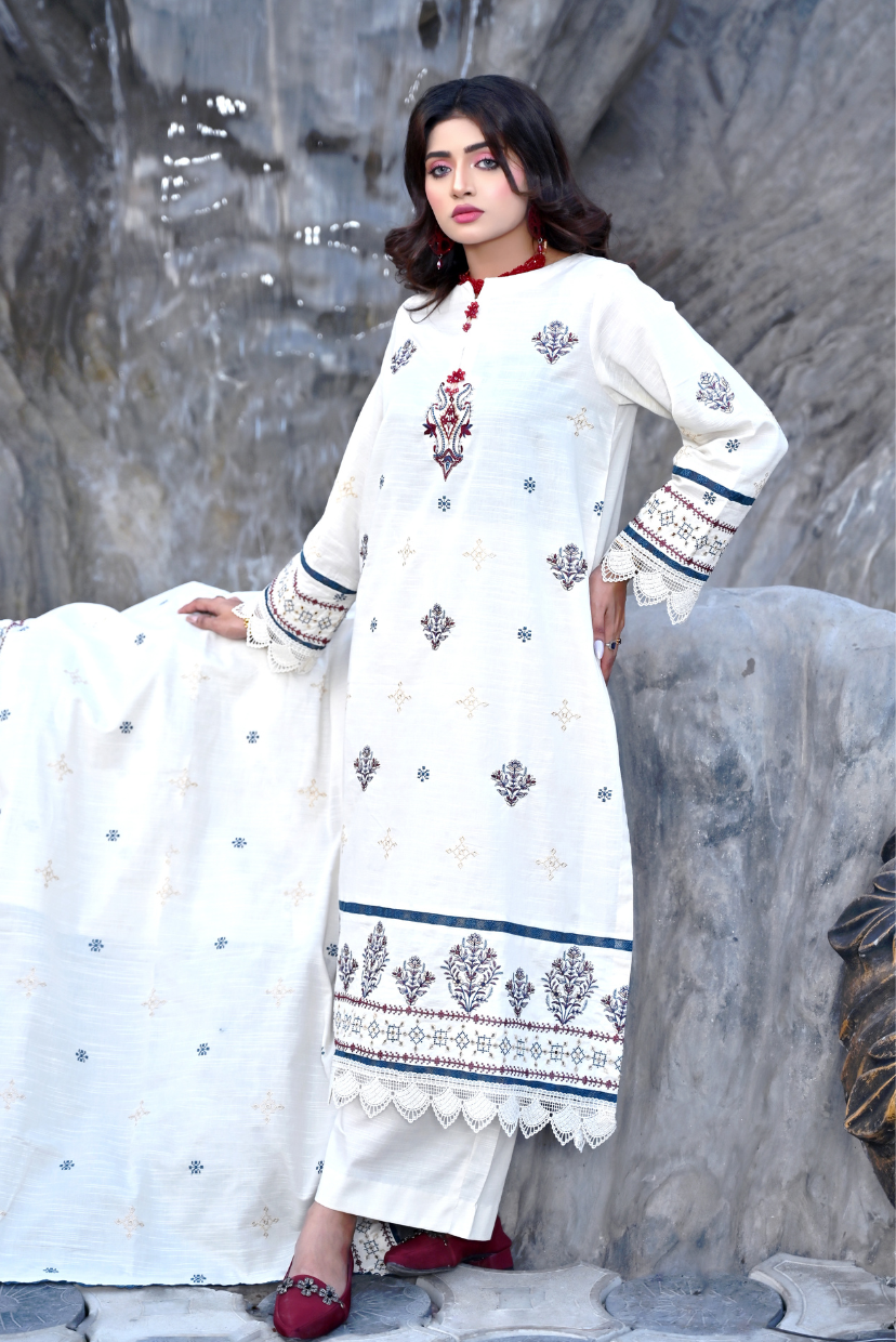 Creamy White 3-Piece Embroidered Khaddar Suit