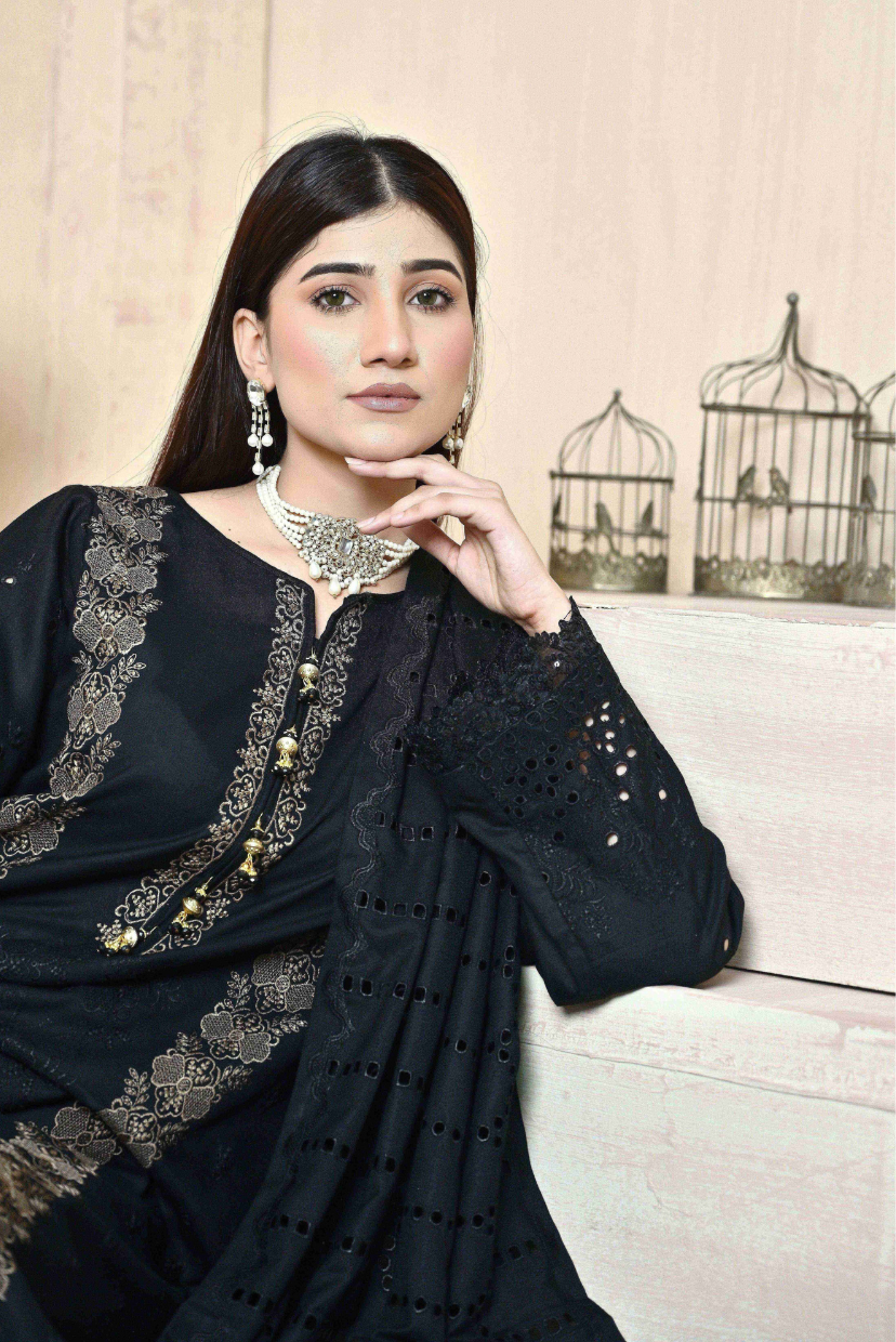 Classic Black 3-Piece Embroidered Dhanak Suit