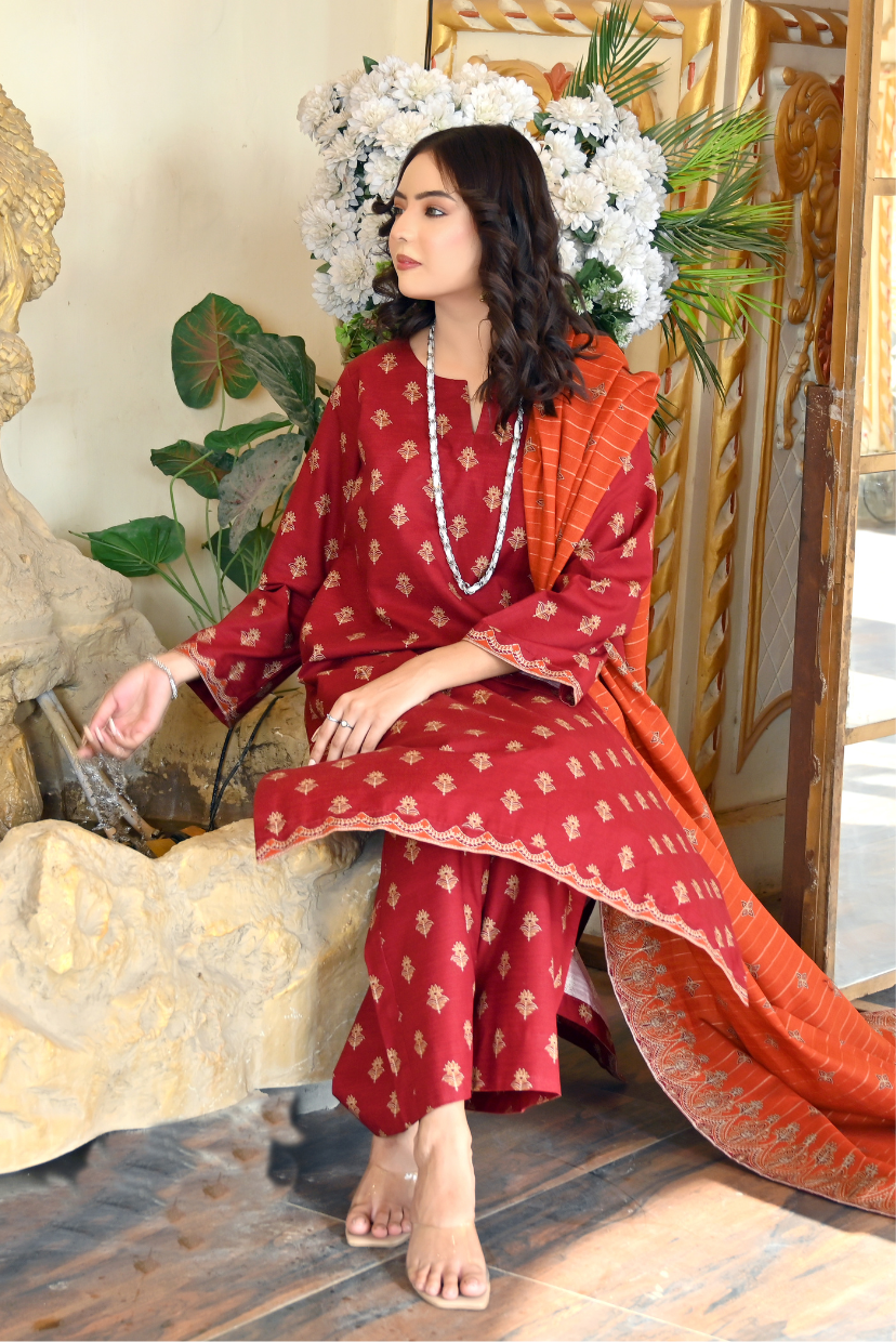 Rust Orange 3- Piece Printed Khaddar Suit