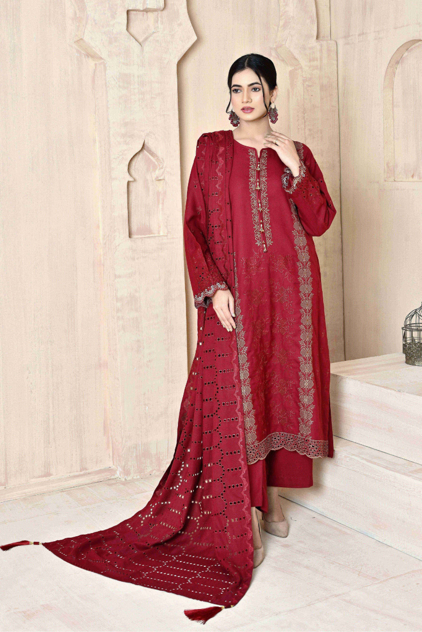 Maroon 3-Piece Embroidered Dhanak Suit