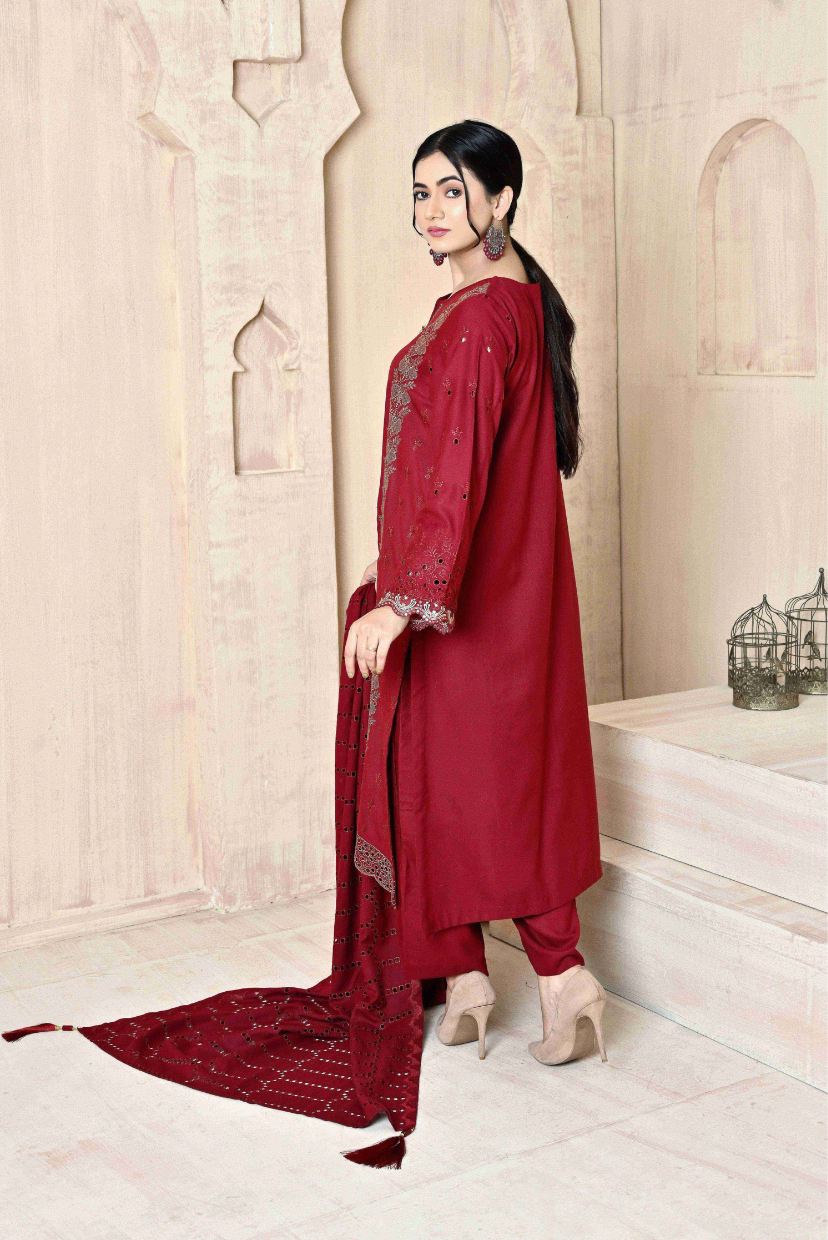 Maroon 3-Piece Embroidered Dhanak Suit