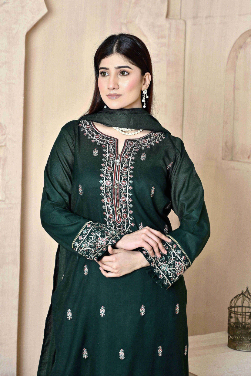 Forest Green 3-Piece Embroidered Dhanak Suit