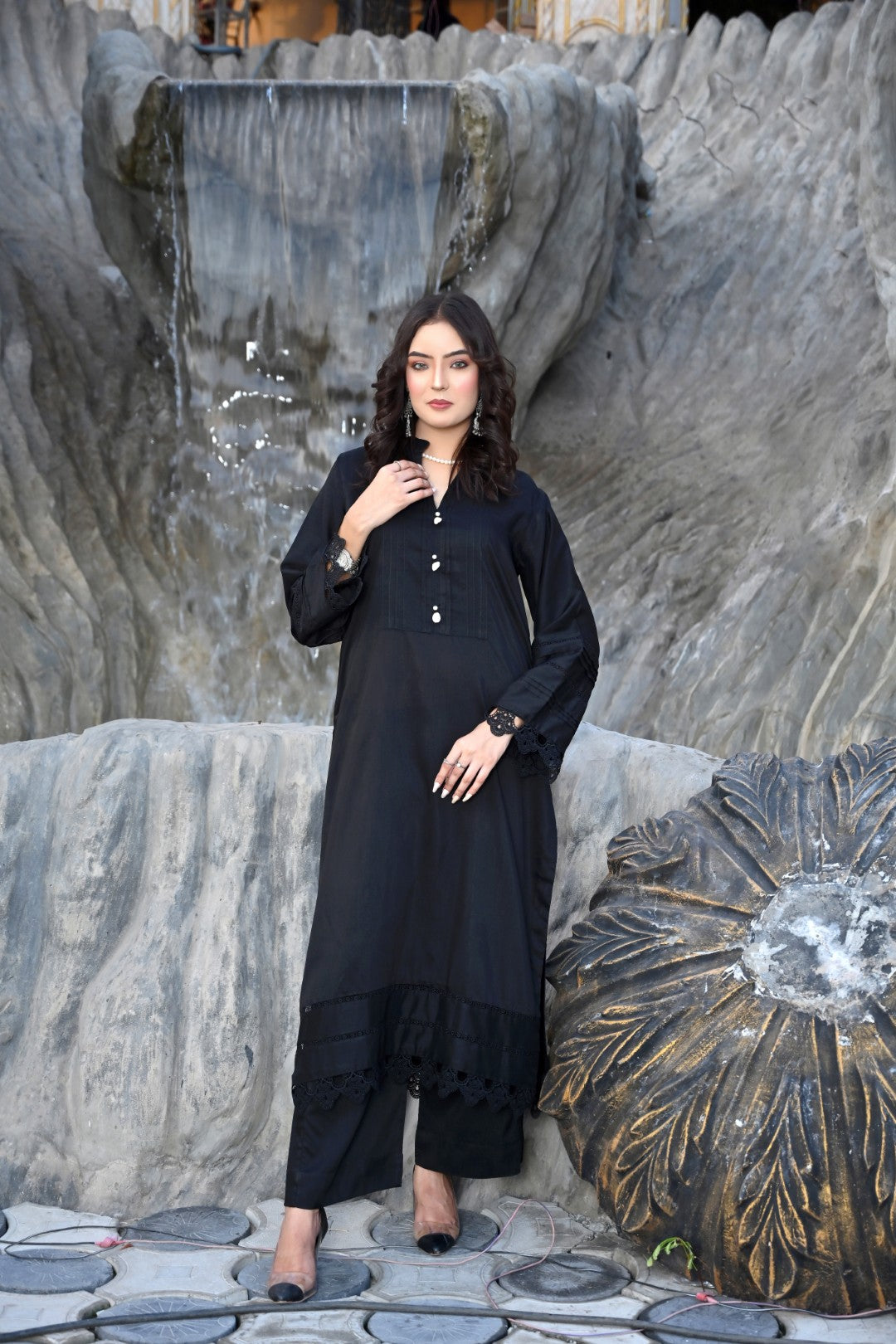 Noir Elegance - Classic Black Kurta & Trouser Set with Lace Detailing
