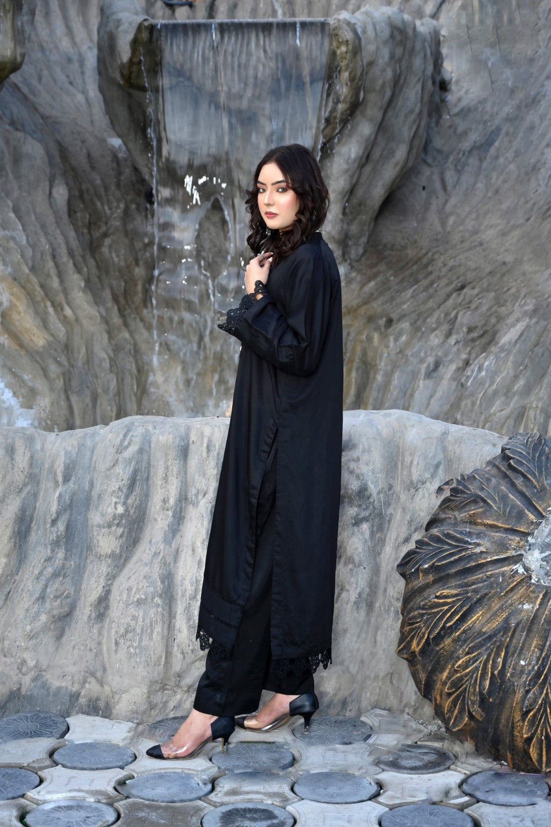 Noir Elegance - Classic Black Kurta & Trouser Set with Lace Detailing