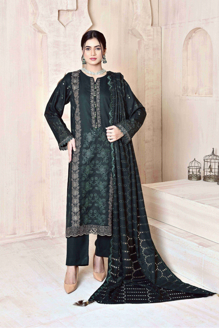 Deep Green 3-Piece Embroidered Dhanak Suit