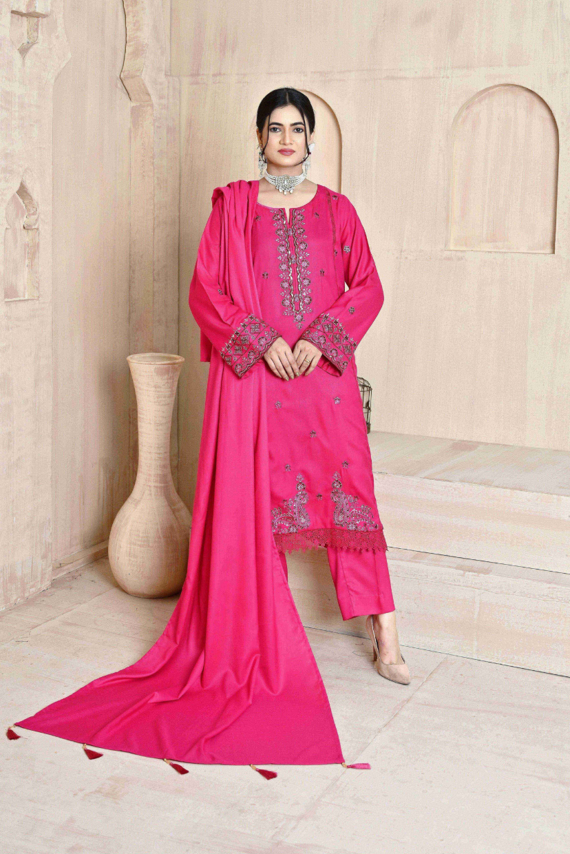 Deep Fuchsia 3-Piece Embroidered Dhanak Suit