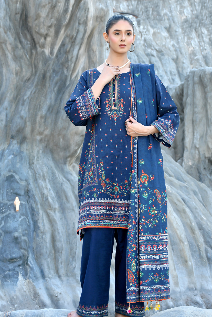 Royal Blue 3- Piece Printed Khaddar Suit
