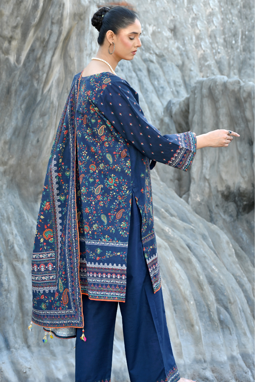 Royal Blue 3- Piece Printed Khaddar Suit