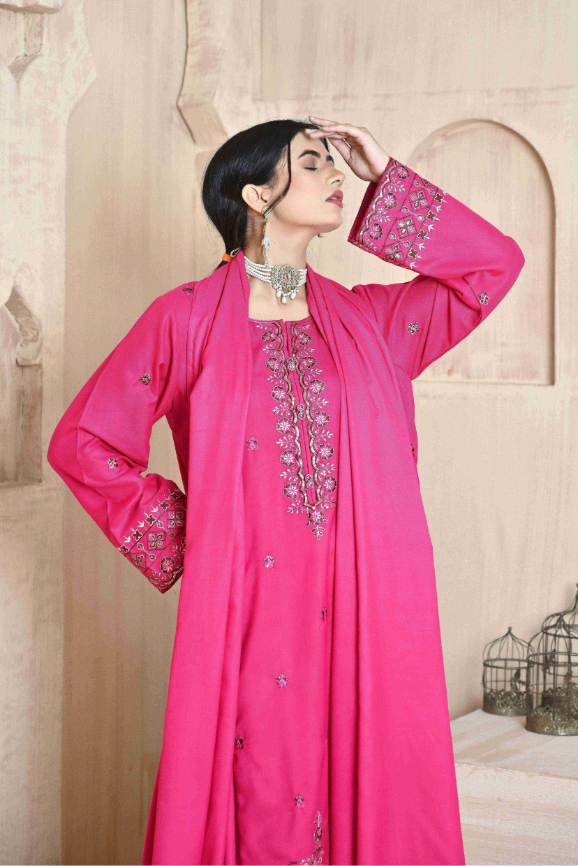 Deep Fuchsia 3-Piece Embroidered Dhanak Suit