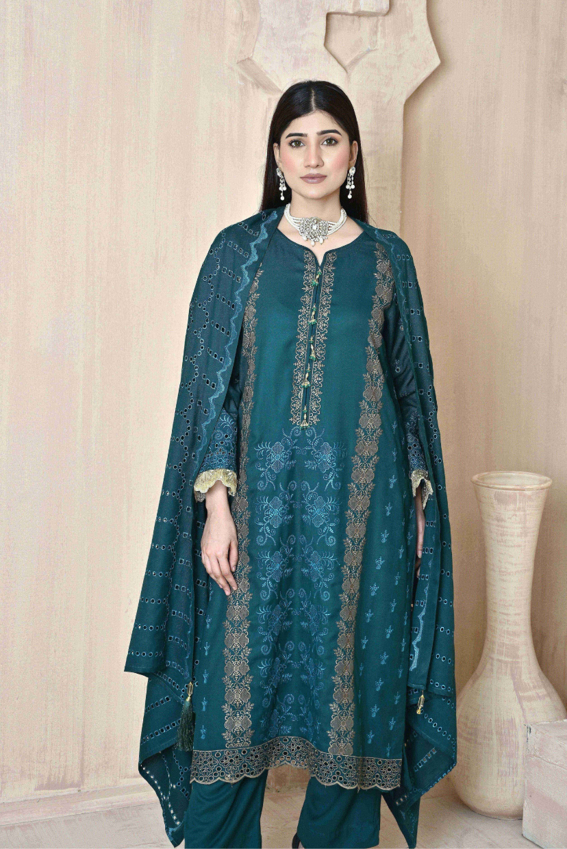 Teal 3-Piece Embroidered Dhanak Suit