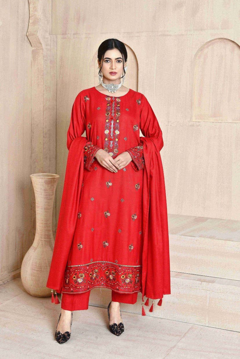 Classic Red 3-Piece Embroidered Dhanak Suit