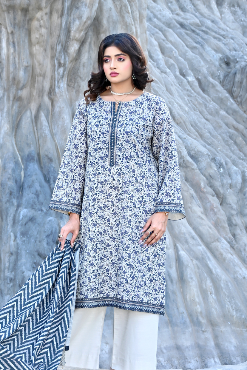 White Base Blue Floral 3- Piece Printed Khaddar Suit