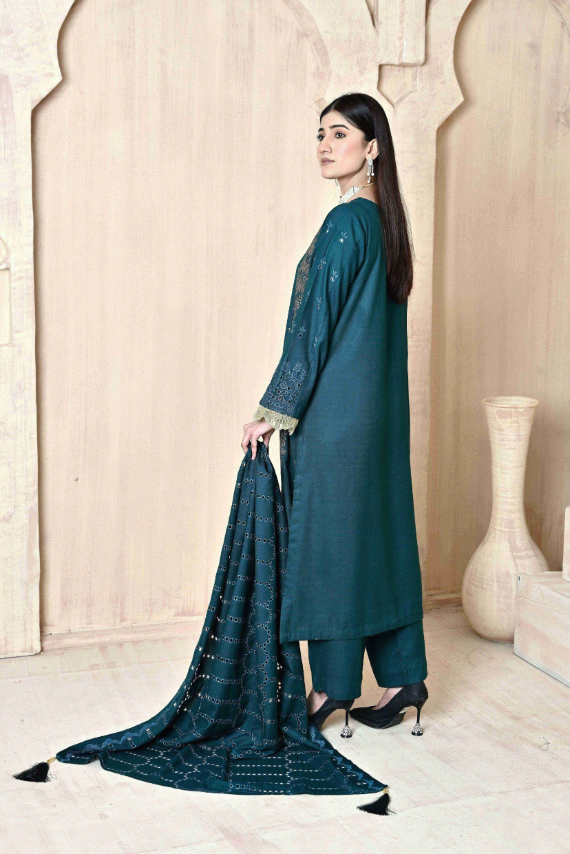 Teal 3-Piece Embroidered Khaddar Suit
