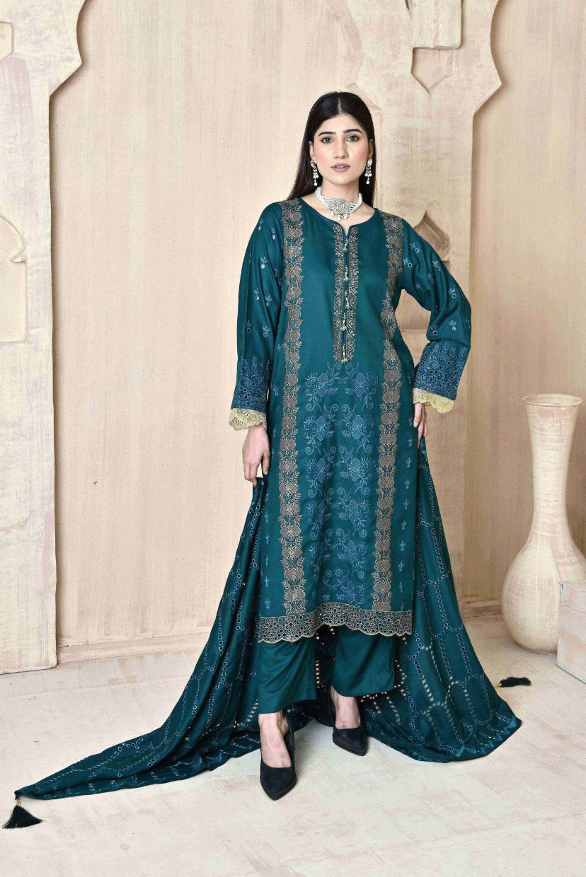 Teal 3-Piece Embroidered Khaddar Suit