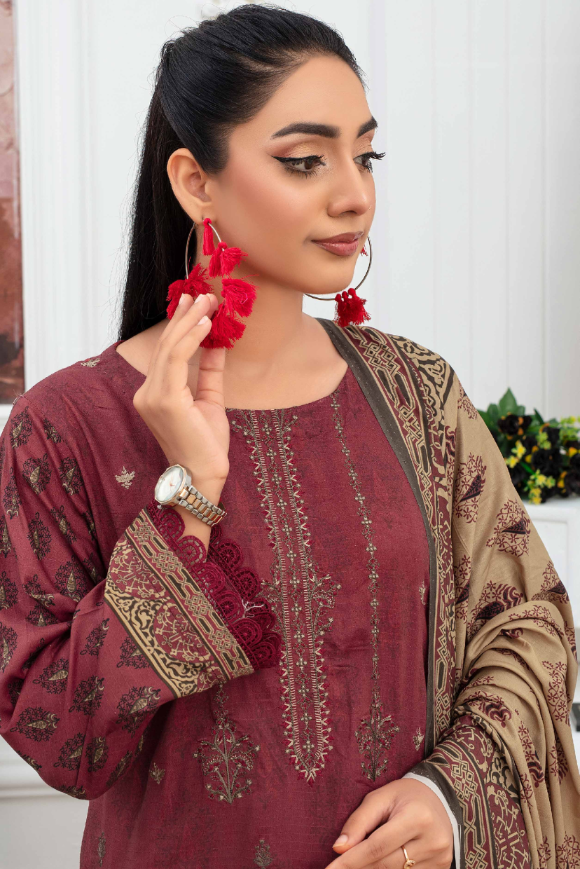 3PC Digital Print Embroidered Linen Suit