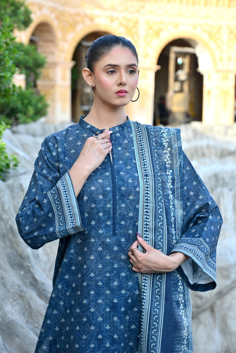 Deep Blue Monotone 3- Piece Printed Khaddar Suit