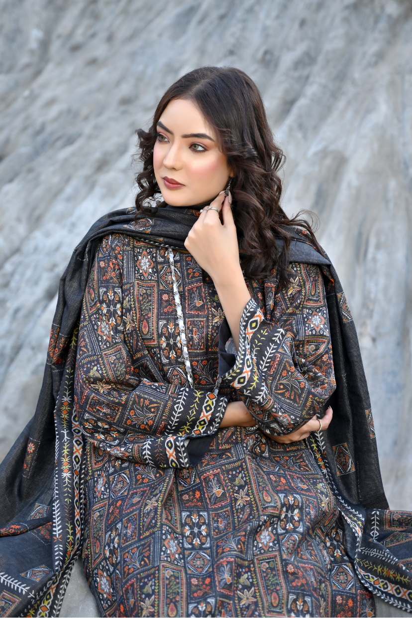 Tribal Black 3-Piece Masoori Khaddar Suit