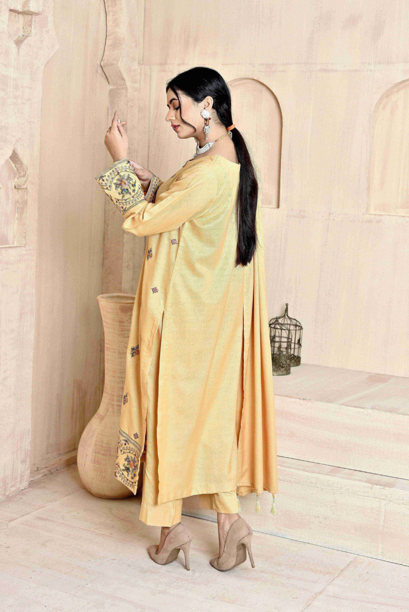 Pale Yellow 3-Piece Embroidered Dhanak Suit