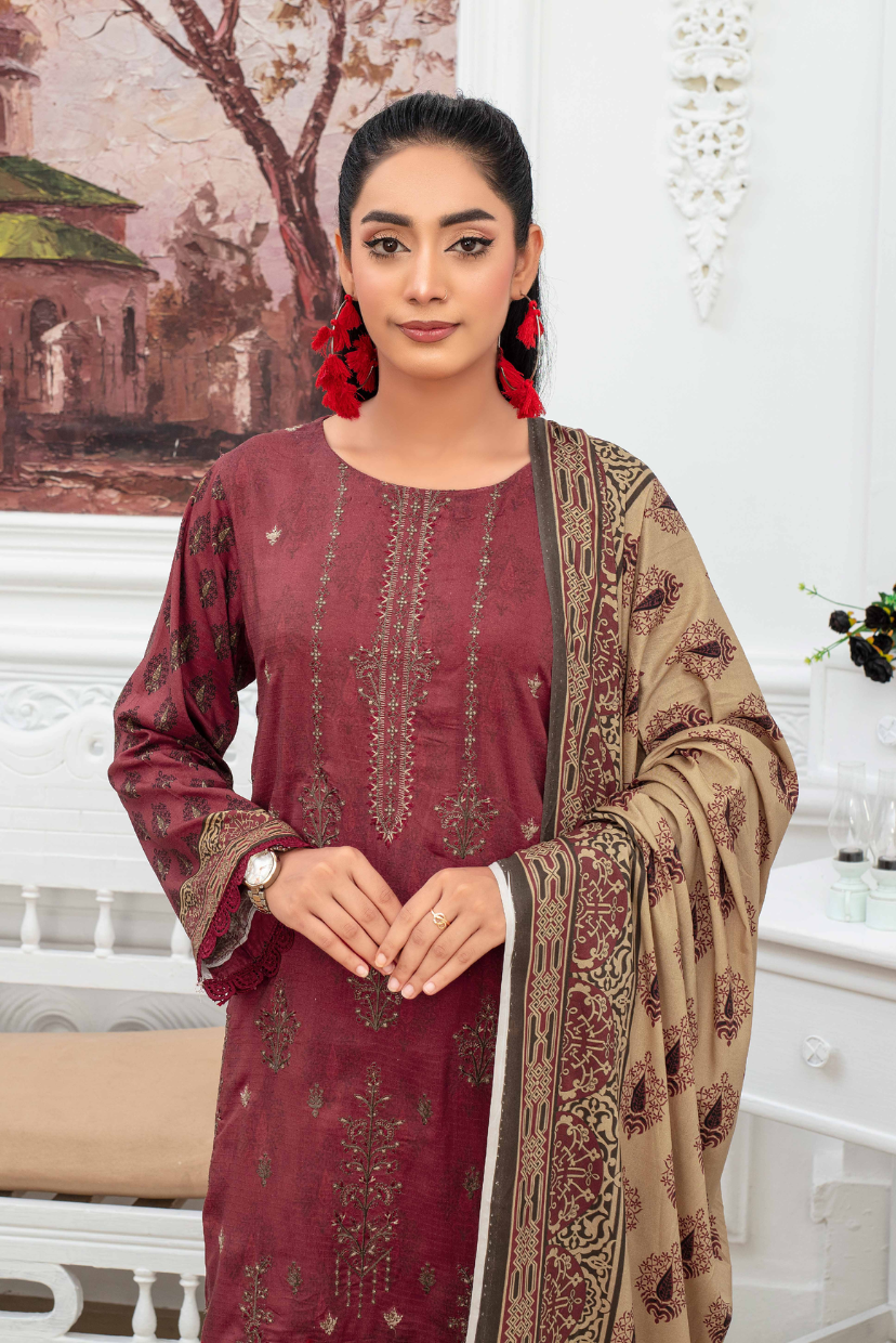 3PC Digital Print Embroidered Linen Suit