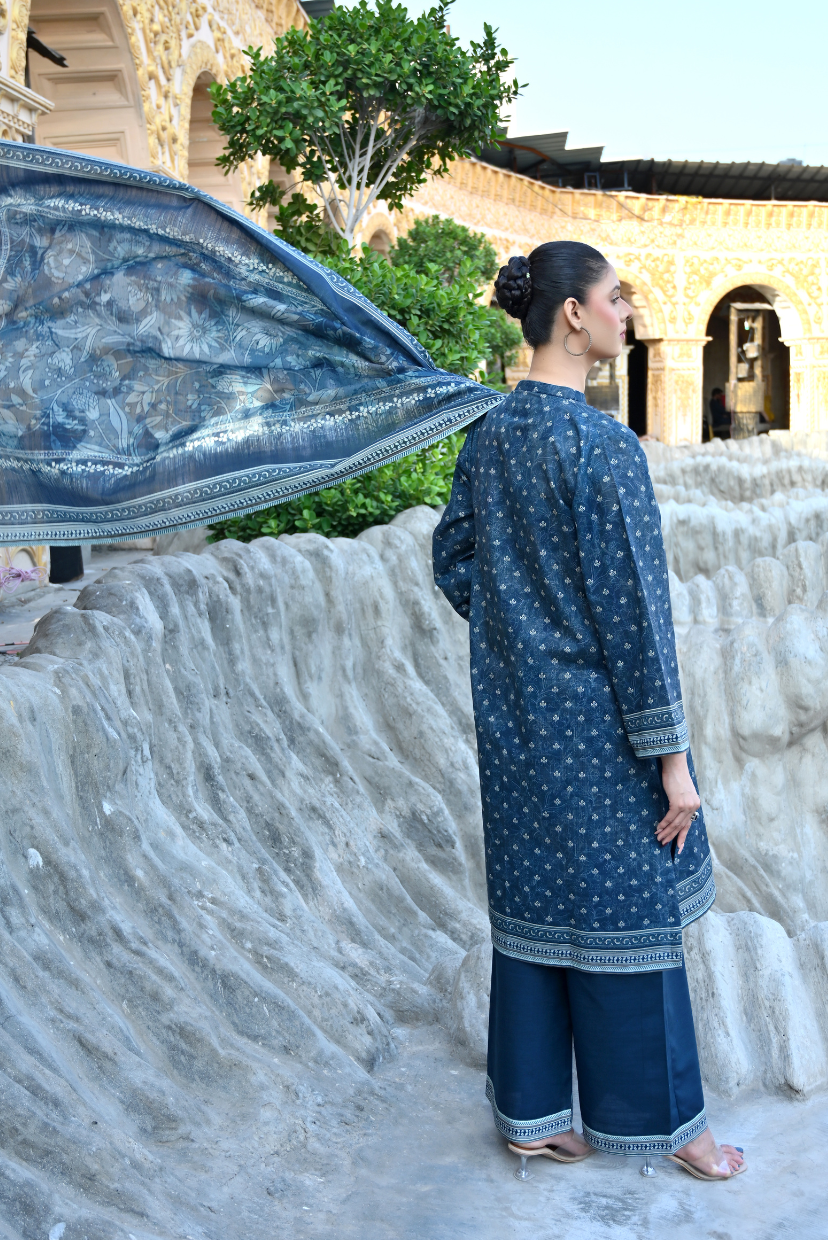 Deep Blue Monotone 3- Piece Printed Khaddar Suit