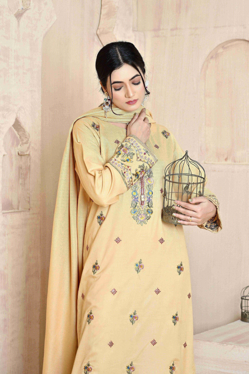 Pale Yellow 3-Piece Embroidered Dhanak Suit