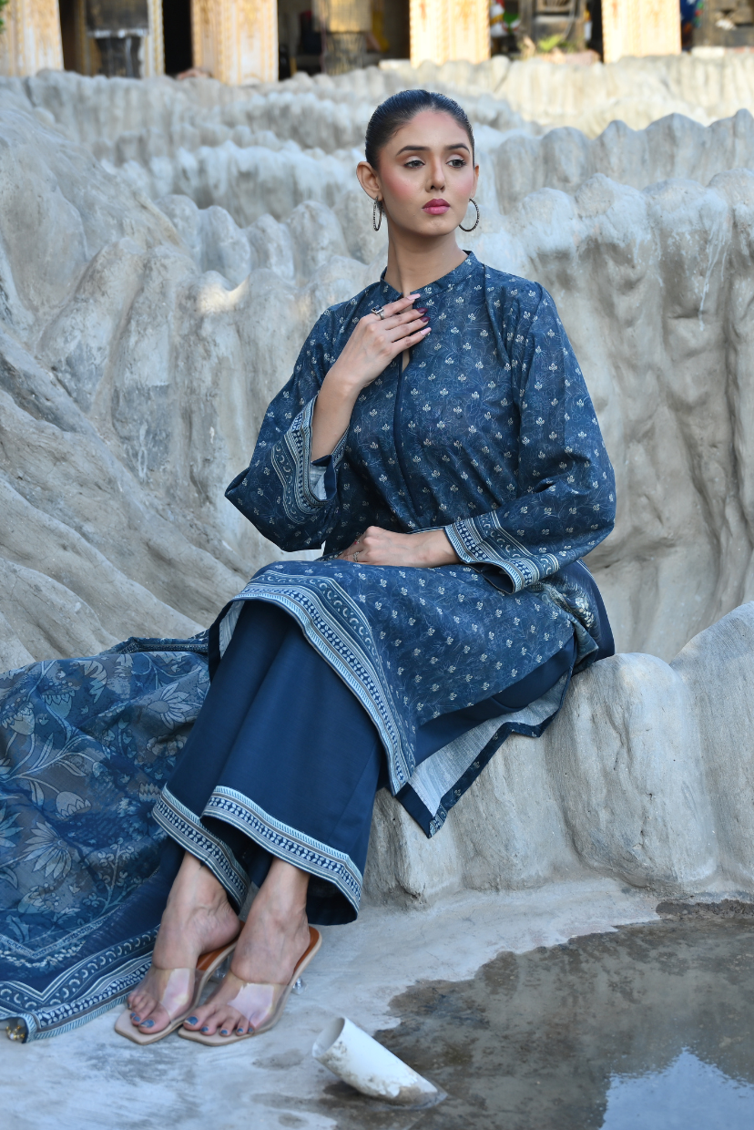 Deep Blue Monotone 3- Piece Printed Khaddar Suit