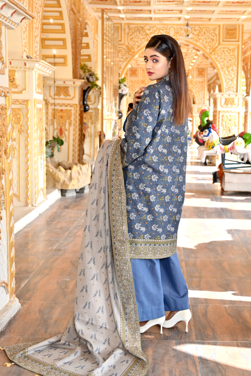 Dusty Blue 3-Piece Masoori Khaddar Suit