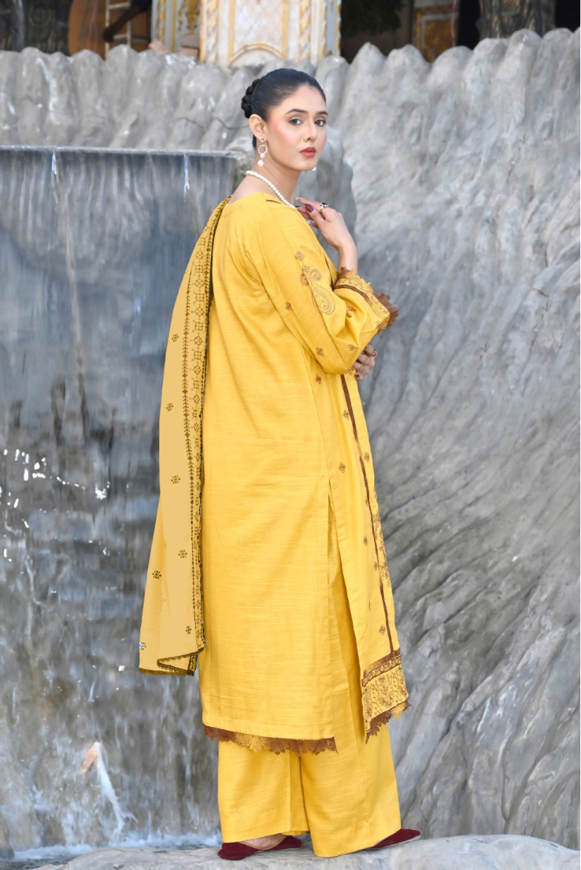 Golden Marigold 3-Piece Embroidered Khaddar Suit