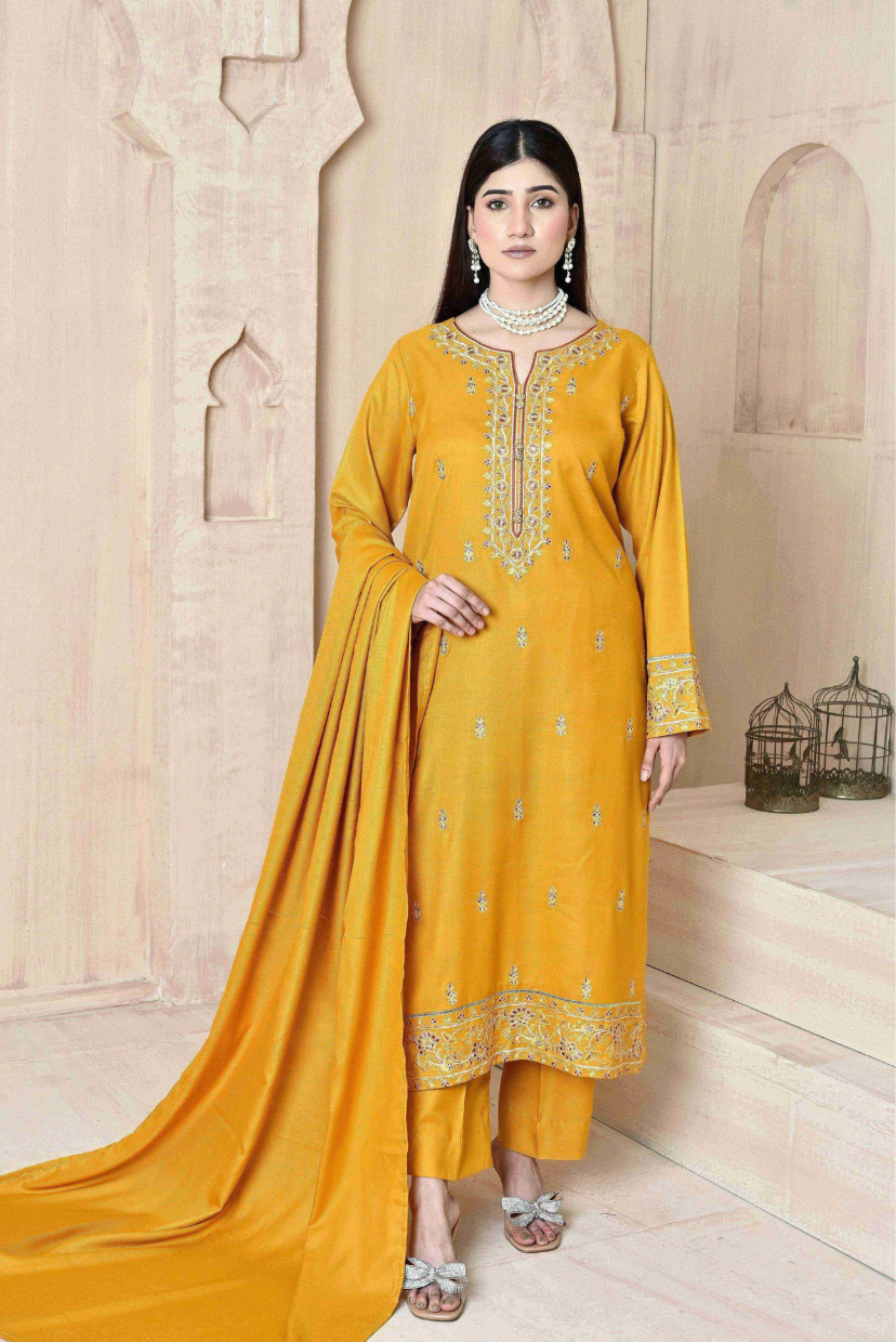 Marigold 3-Piece Embroidered Dhanak Suit