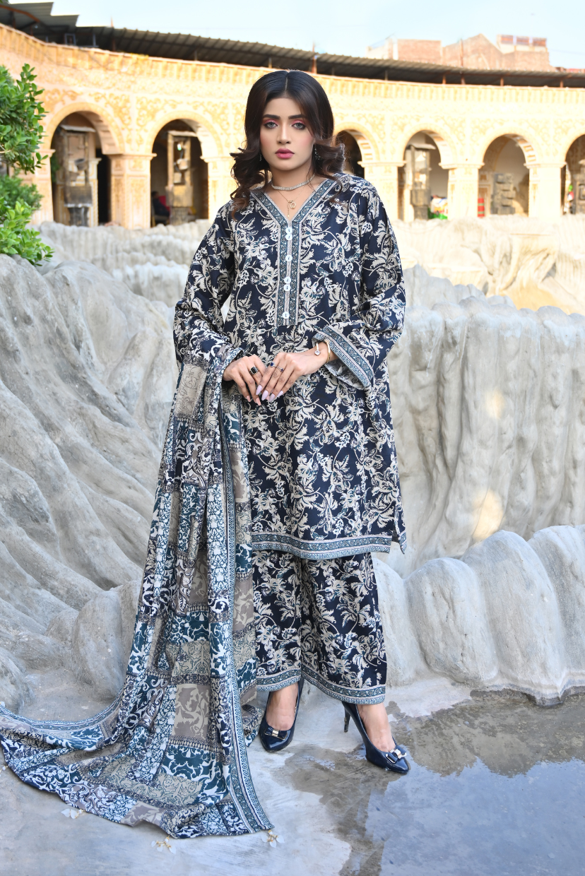 Midnight Floral 3- Piece Printed Khaddar Suit